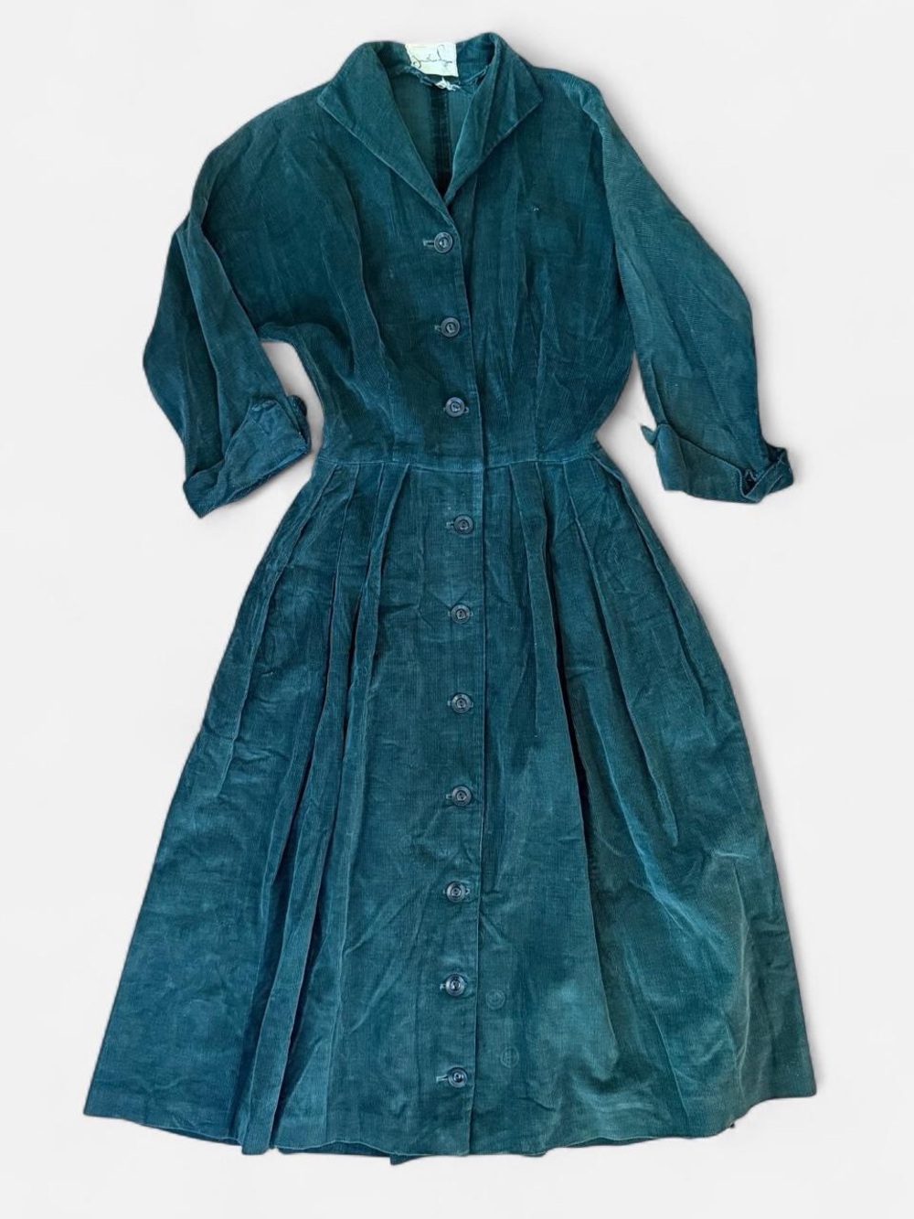 Vintage 70s Button-Front forest green Midi Corduroy Dress S